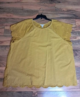 Lauren Conrad Womens Scalloped Edge Eyelet Blouse Plus Size 3X Mustard Yellow  - Image 1 of 4