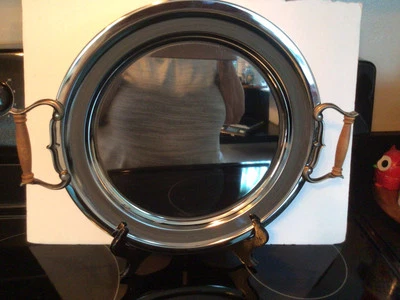 ATAPCO Made in USA Metal-Chrome 13.5" Round Serving Tray With Wood Handles - Image 1 of 2