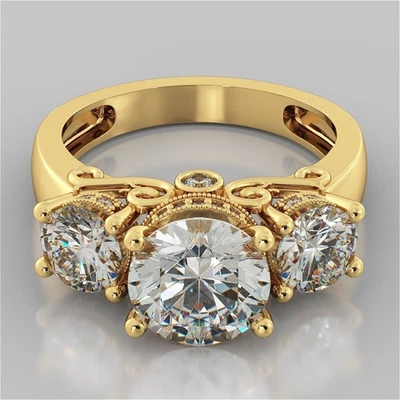 3.34 Ct Round Cut Lab Created Diamond Wedding Trio Band Set 14k Yellow Gold Sz 8 - Image 1 of 4