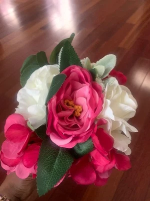 Pink (dark) & White Flower Bouquets - Lot of 8- NO Vases - Image 1 of 4