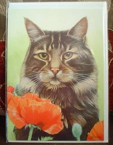 Lovely Cat And Poppy Blank Greeting Card - Picture 1 of 1