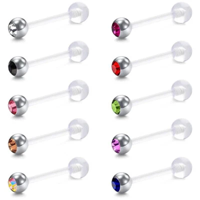 2X Silicone Bar Steel Ball Crystal Gem Tongue Barbell Nipple Navel Ring Piercing - Image 1 of 3