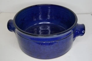 Vintage Cobalt Blue Glazed Pottery Casserole w/Handles Signed 8.5in - Picture 1 of 6