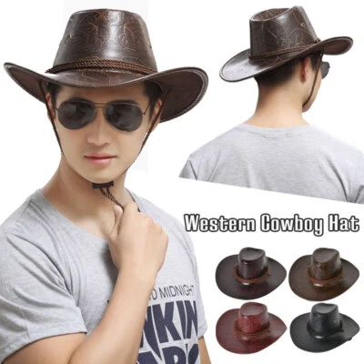 Unisex PU Leather Western Cowboy Style Wide-brimmed Hat Outdoor Sun Hat Mens - Image 1 of 4