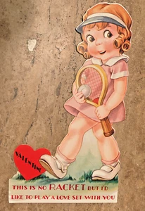 c1940's Tennis Valentine: "This Is No Racket" Young Girl "But I'd Like To Play" - Picture 1 of 2