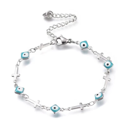 Stainless Steel Bracelet Enamel Lobster Evil Eye Cross Silver Turquoise 7" Z191 - Image 1 of 3