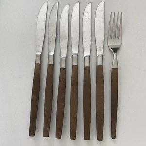 Vintage Lot Of 7 EKCO Eterna Canoe Muffin Flatware Silverware Wood Handles - Picture 1 of 5