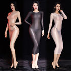 Womens Glossy See-Through Long Sleeve Bodycon Dress Stretchy Slim Mini Dress