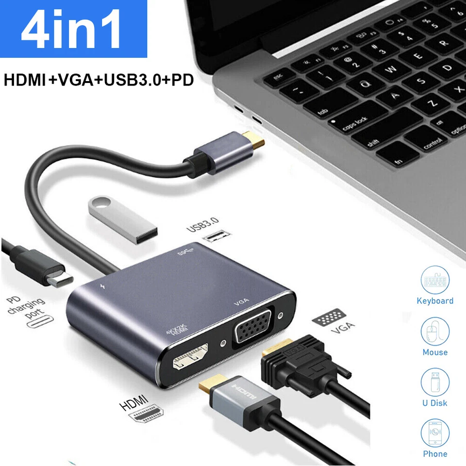 4 in 1 Type-C hub USB 3.0 Charging Adapter USB-C to 4K HDMI VGA Display Adapter - Image 1 of 4