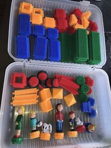 BRISTLE BLOCKS Lot of 81 Building Toys w/ Case Preschool People Animals Wheels