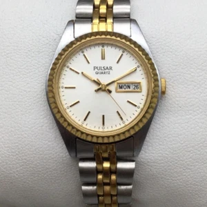 Pulsar Watch Women 24mm Gold Silver Tone Day Date V783-X003 New Battery 6" - Picture 1 of 14