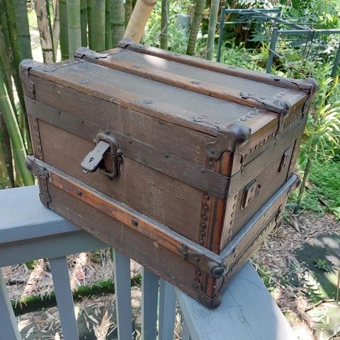 Antique Steamer Train Trunk Small Miniature Doll Size Leather Wood 1900 Nice Cover