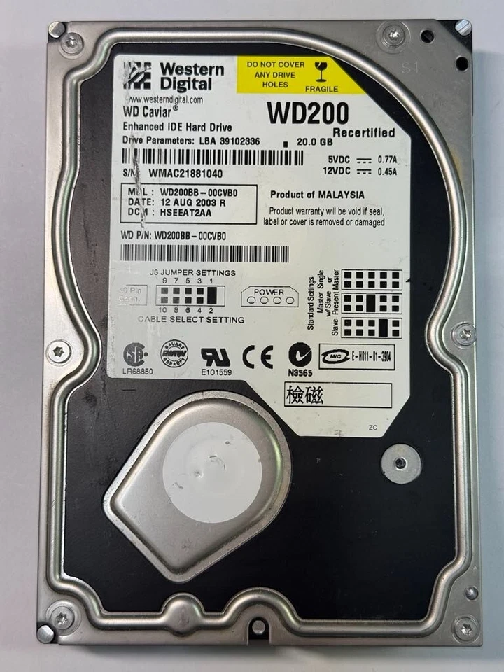 WD WD200BB-00CVB0 WD200 20GB 7.2K RPM 2MB Cache ATA100 / ATA-6 3.5" HDD - Image 1 of 4