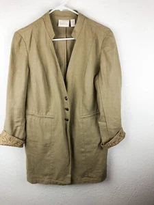Chicos Linen Blazer SZ0 Tan Long 3 Buttons Nehru Collar Lace Covered Cuffs A24 - Picture 1 of 7
