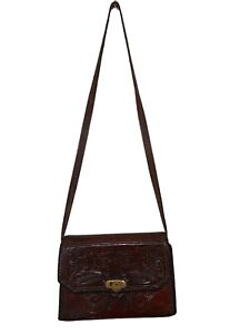 Vintage Handmade Tooled Floral leather Shoulder Bag Handcrafted Boho Handbag