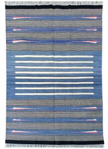 Cotton Blue Carpet Area Rug, Hand and Flat Weave Cotton Dhurrie Boho Kilim Rugs