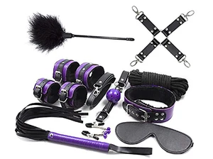 10-Pc BDSM Sex Toy Kit Restraint Collar Whip Binding Blindfold Rope Purple/Black - Picture 1 of 1