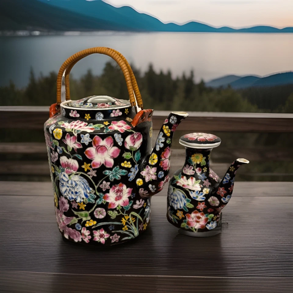 Tetera china Jingdezhen negra mil flores porcelana 6 pulgadas y maceta 5 pulgadas Foto 1 de 4