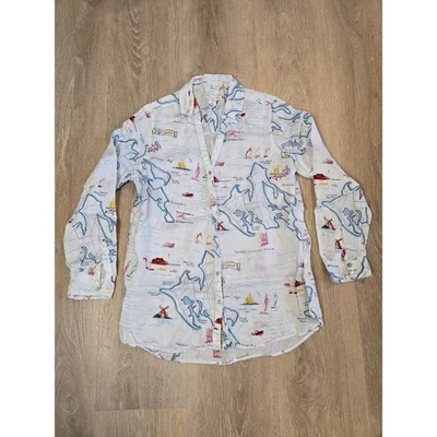 C&C California Map Print Button Up Blouse Sz M Shelter Island Linen Coastal Top - Image 1 of 3