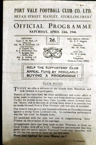 RARE VINTAGE PORT VALE V MANSFIELD TOWN 3RD DIVISION SOUTH 13TH APRIL 1946 - Picture 1 of 2