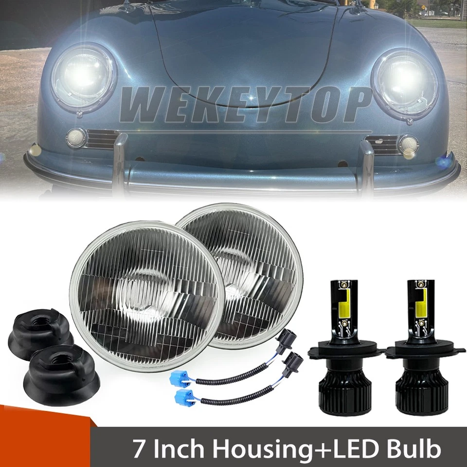 7 Round Headlight Conversion Kit with LED Bulb H4 For Porsche 356 356A 356B 356C Foto 1 de 4