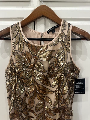 Vestido Vaina Boston Proper Dorado Floral Lentejuelas Beige Cuello Alto Nuevo con Etiquetas Foto 1 de 4