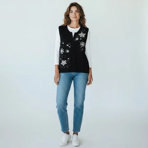 Baxter & Wells Womens Sweater Vest XL Black Snowflake Holiday Cotton Flax Blend - Picture 1 of 11