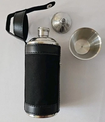 Black Leather 6oz Hunter’s Travel Flask Set w/ Cup & Funnel Stainless Steel Gift - Image 1 of 4