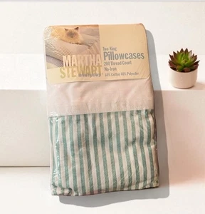 Fundas de almohada vintage 1997 Martha Stewart 2 piezas verde blanco a rayas KING NUEVAS - Imagen 1 de 5