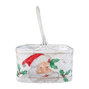 Vintage Santa Claus Basket Handpainted White Woven Holiday Decorative Basket - Picture 1 of 4