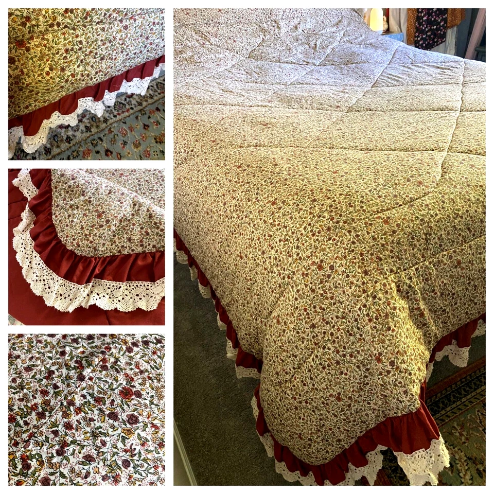 DE COLECCIÓN AÑOS 80 JC PENNY MARRÓN FLORAL CON VOLANTE DE ENCAJE ABUELA NÚCLEO EDREDÓN TALLA - REINA Foto 1 de 4