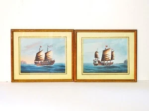 Junks sailing ships pair original gouache paintings framed Chinese Trade Export - Picture 1 of 7