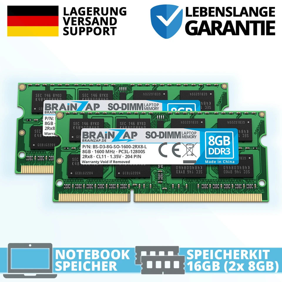 16GB DDR3 RAM SO-DIMM PC3L-12800S 2Rx8 1600 MHz 1.35V Notebook Speicher (2x 8GB) - Bild 1 von 1