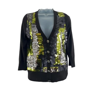 St. John Couture Cardigan Women's P Black Sequin Wool Silk Cashmere Buttons - Picture 1 of 17