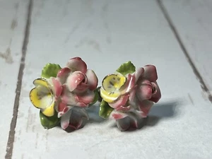 Vintage English Bone China Floral Clip-on Earrings - Picture 1 of 10