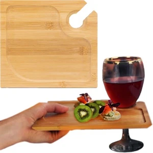 Bamboo Wood Cocktail Appetiser Cheese Board Plate with Wine Glass Holder - Picture 1 of 7