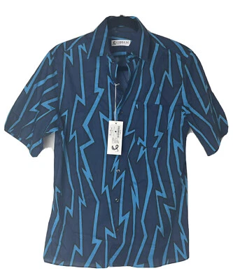 Cobra Italian Cotton Button Down Shirt Blue Lightning Bolt Short Sleeve Large L - Image 1 of 4