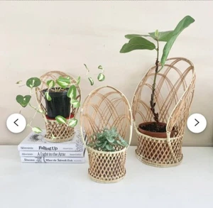Set of 3 Vintage Mini Peacock Chair Planters, Boho Wicker Rattan Doll Chair - Picture 1 of 3