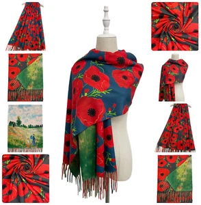 Damen Auffällig Mohn & Monet Kunstdruck Schal Wende Wolle Quaste Schals 7997 - Bild 1 von 8