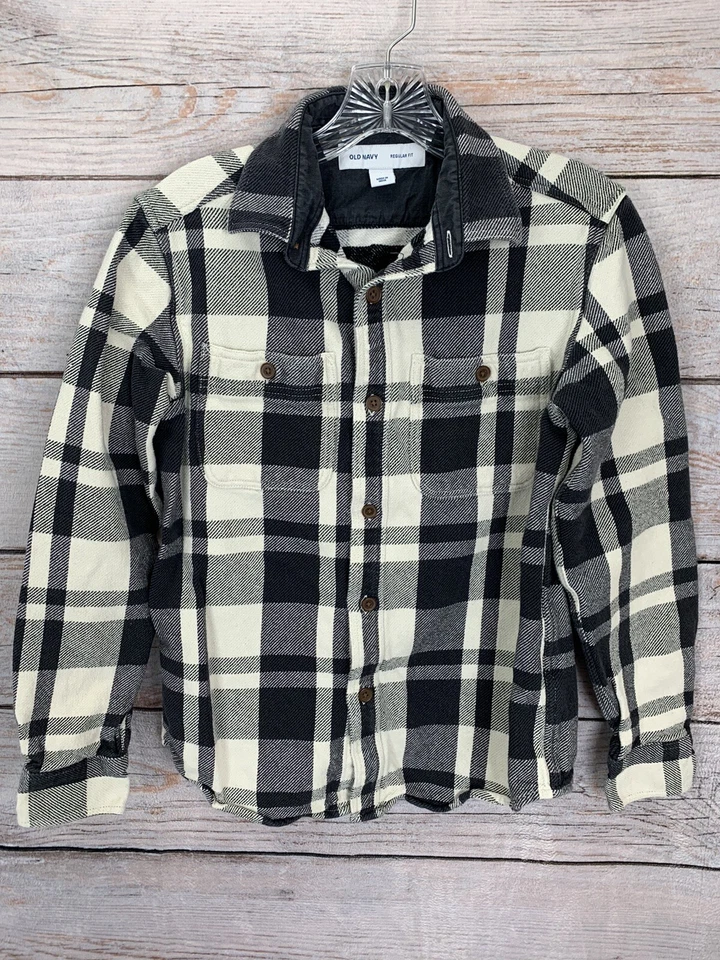 Old Navy Flannel Youth S Regular Fit Blck Cream Check Plaid Button Up Shirt  - Image 1 of 4