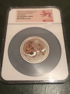 Moneda P Australia 2016 coloreada a prueba Año del Mono NGC PF70 OZ MUY RARA - Imagen 1 de 3
