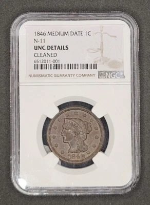 1846 (Medium Date, N-11) Braided Hair Large Cent | NGC UNC Details, Cleaned - Image 1 of 4