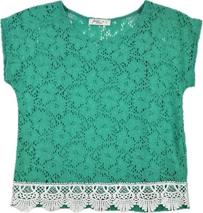 Pinc Premium Kids Green Short Sleeve Nylon Stretch Floral Lace Blouse Top Sz L - Picture 1 of 2