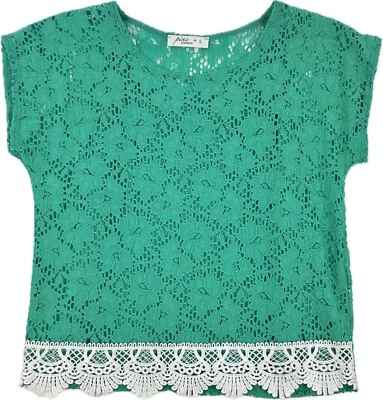 Blusa Top Pinc Premium Niños Verde Manga Corta Nylon Elastizada Floral Encaje Talla L Foto 1 de 2