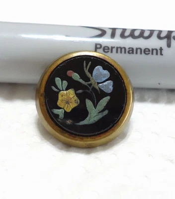 Antique Painted Black Glass & Metal Button 11/16" FLOWER & BUTTERFLY - Image 1 of 4