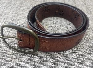 Flower Leather Belt 38” Cut Out Brown Distressed Hippie Boho - Picture 1 of 7