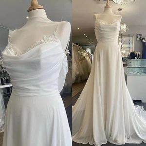 Simple Chiffon Wedding Dresses with Court Train Lace Straps A Line Bridal Gowns - Picture 1 of 12