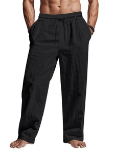 Men's Linen Pants Lightweight Drawstring Elastic Waist Pockets Loose Fit Str... - Bild 1 von 7