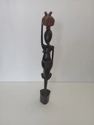 STATUETTE AFRICAINE VINTAGE EN BOIS SCULPTÉ | Femme Porteuse | Art Tribal - Photo 1/4