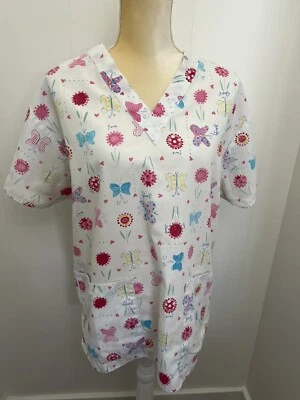 CREST бабочка и цветок медсестра скраб униформа верхний женщин Sz средний сделано в США - Изображение 1 из 4